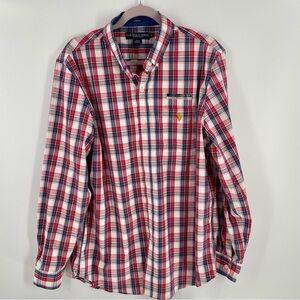 NWOT U.S. Polo Assn. Long Sleeve Red White Blue Stretch Plaid Button Up Shirt
